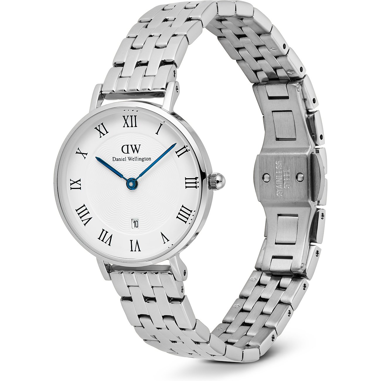 Eine Daniel Wellington Damenuhr aus poliertem Edelstahl mit rundem weißen Zifferblatt und römischen Ziffern.