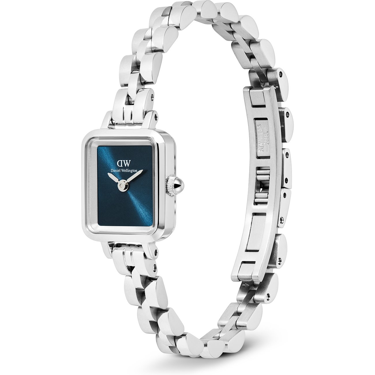 Daniel Wellington Damenuhr aus Edelstahl mit rechteckigem Gehäuse und blauem Zifferblatt
