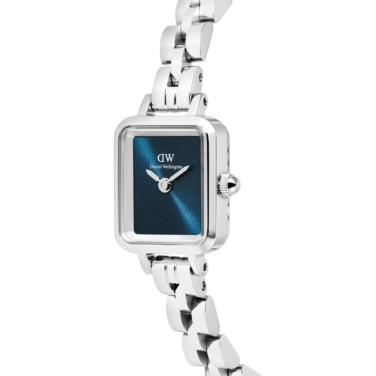 Daniel Wellington Damenuhr aus Edelstahl von vorne gesehen, mit rechteckigem Gehäuse und blauem Zifferblatt.