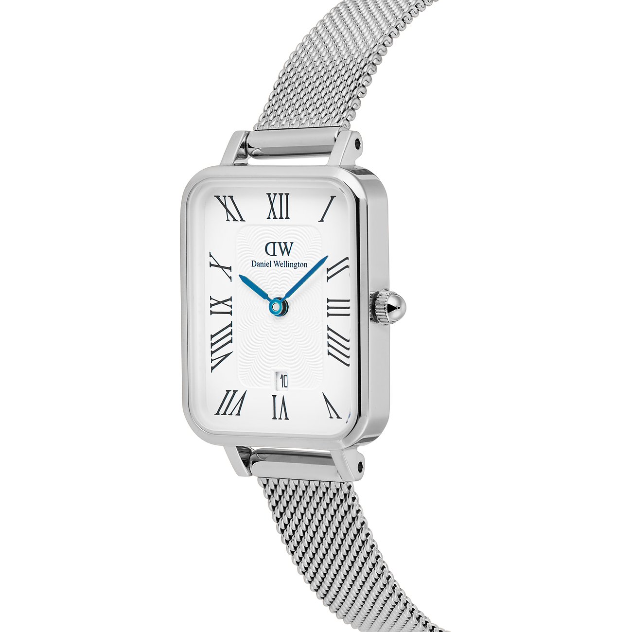 Daniel Wellington Damenuhr: rechteckiges Edelstahlgehäuse, feines Milanaise-Armband aus Edelstahl auf weißem Untergrund.