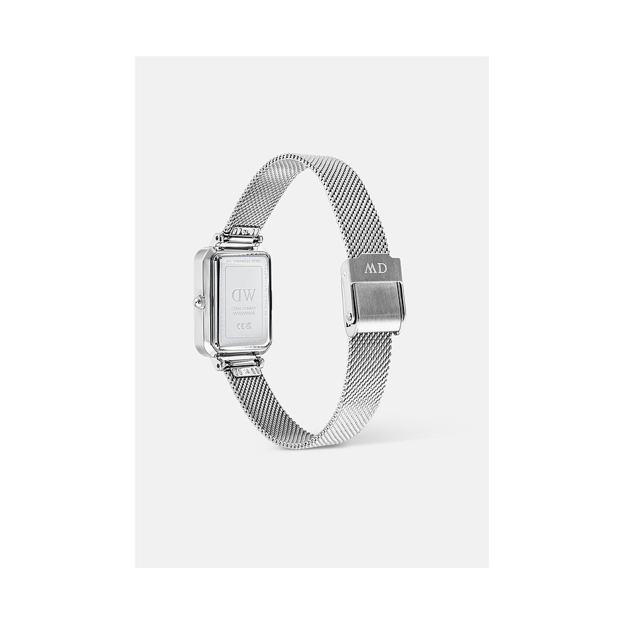 Rückansicht der Daniel Wellington Damenuhr aus Edelstahl mit rechteckigem Gehäuse und filigranem Milanaise-Armband.