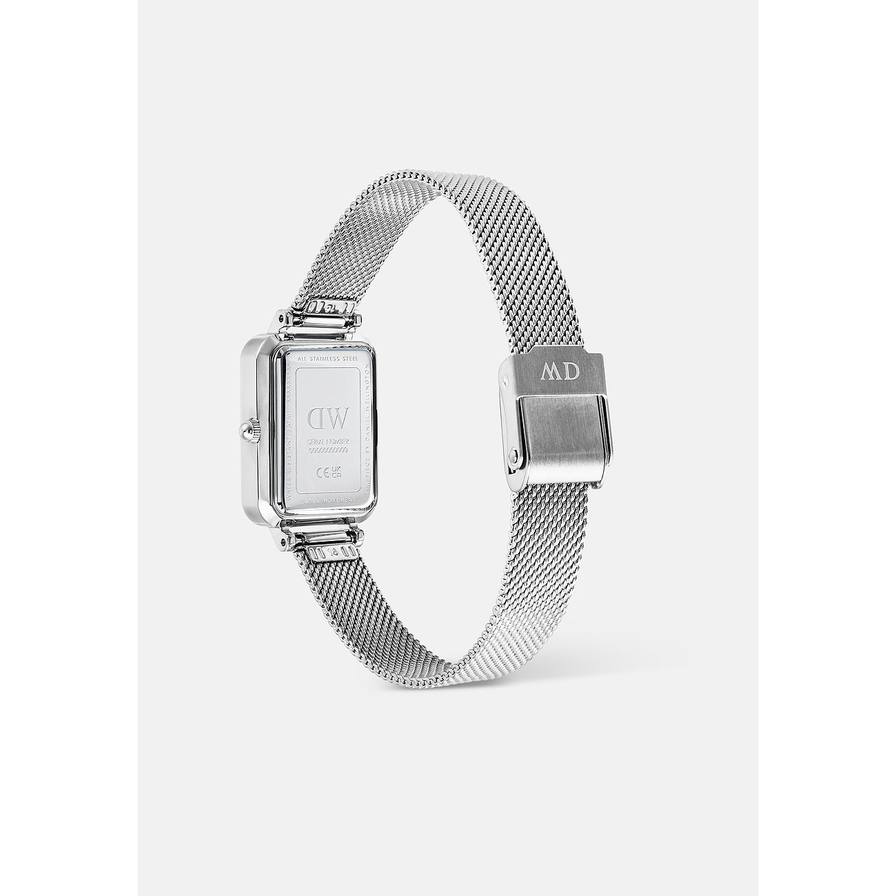 Rückansicht der Daniel Wellington Damenuhr aus Edelstahl mit rechteckigem Gehäuse und filigranem Milanaise-Armband.