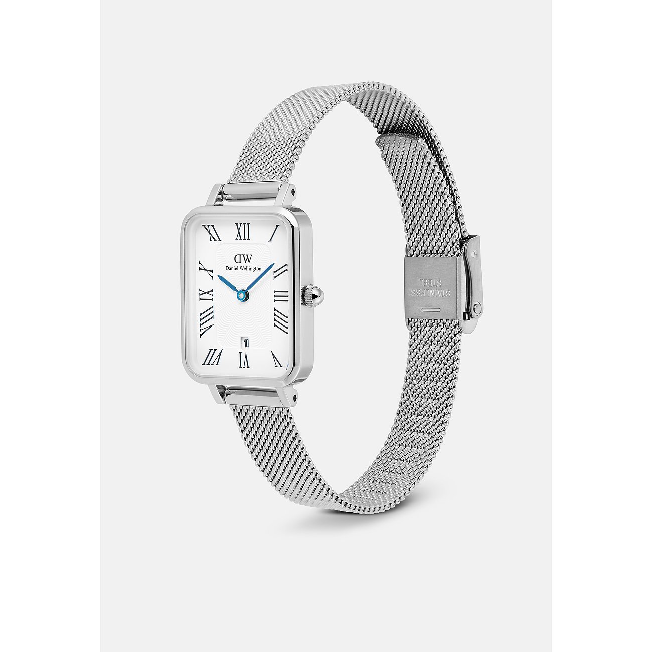 Daniel Wellington Damenuhr aus Edelstahl mit rechteckigem Zifferblatt und silberfarbenem Milanaise-Armband.