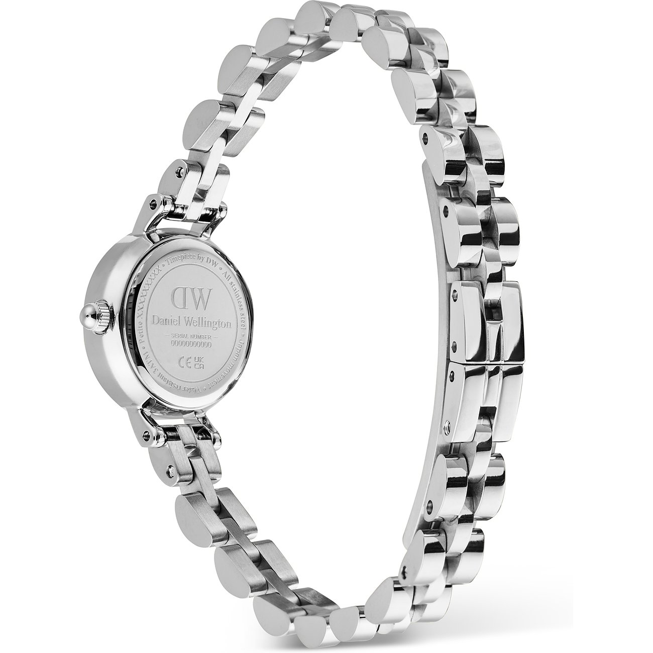 Rückansicht der Daniel Wellington Damenuhr aus poliertem Edelstahl mit ovalen Gliedern und Logo auf dem Gehäuseboden.