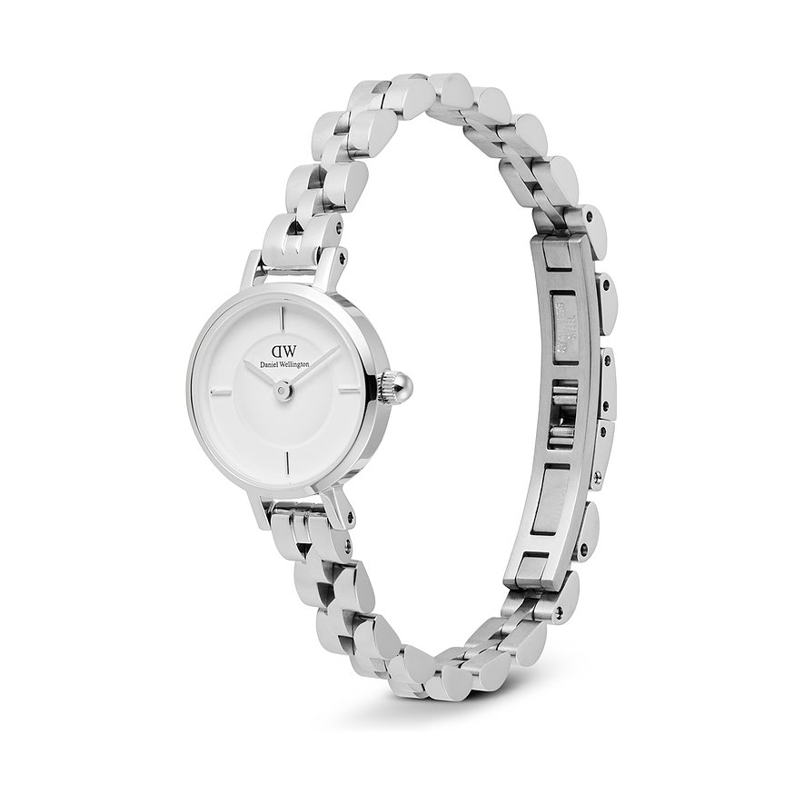 Daniel Wellington Damenuhr aus Edelstahl mit rundem, weißem Zifferblatt und silbernem Gliederarmband.