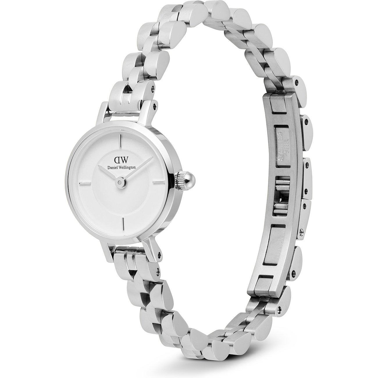 Daniel Wellington Damenuhr aus Edelstahl mit rundem, weißem Zifferblatt und silbernem Gliederarmband.