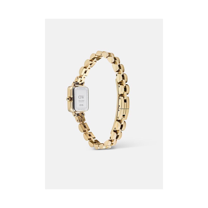 Rückansicht der Daniel Wellington Damenuhr aus goldfarbenem Edelstahl mit rechteckigem Zifferblatt und Gliederarmband.