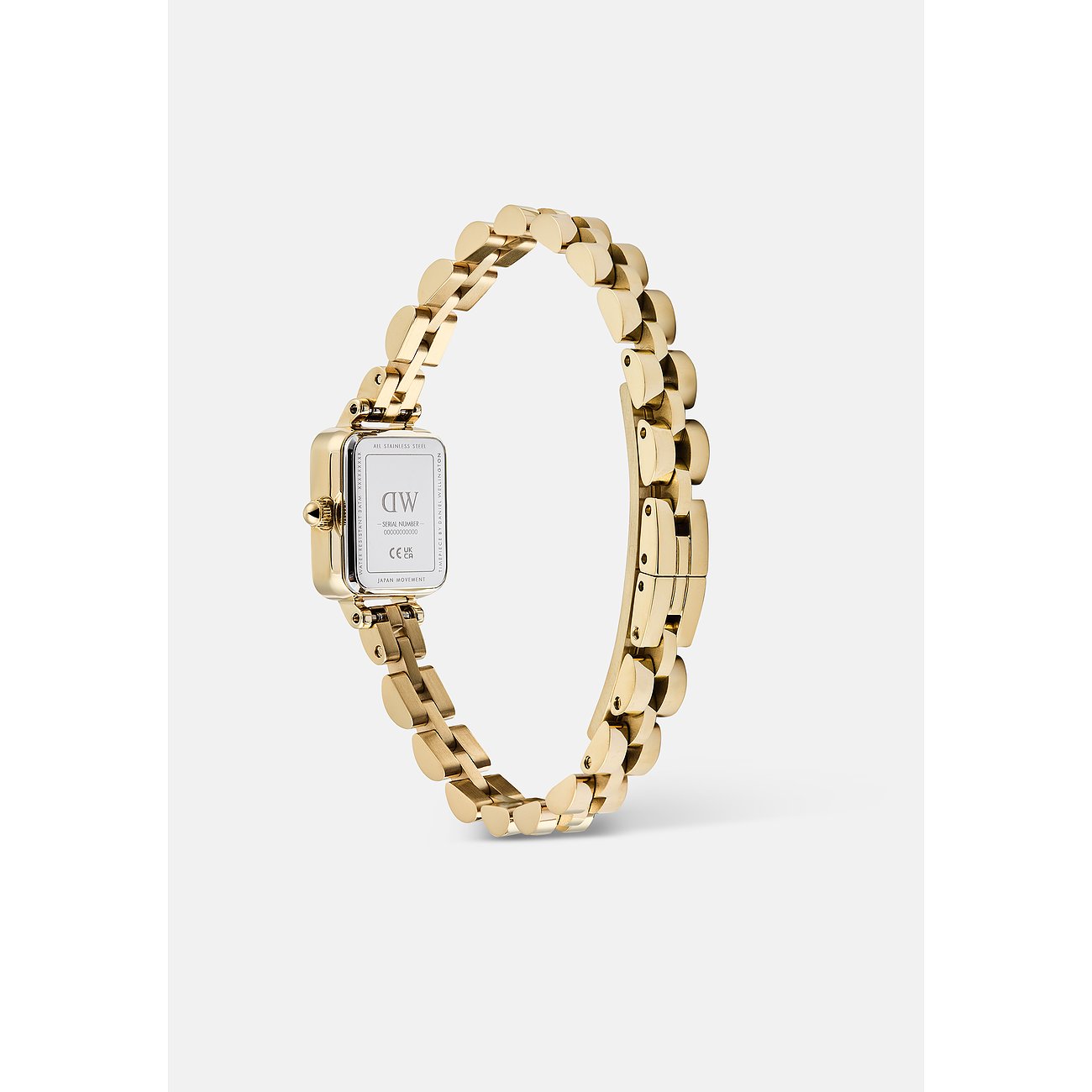 Rückansicht der Daniel Wellington Damenuhr aus goldfarbenem Edelstahl mit rechteckigem Zifferblatt und Gliederarmband.