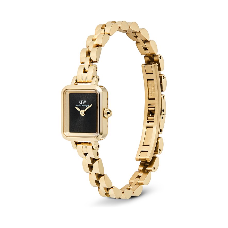 Eine rechteckige Daniel Wellington Damenuhr aus goldfarbigem Edelstahl mit schwarzem Zifferblatt.