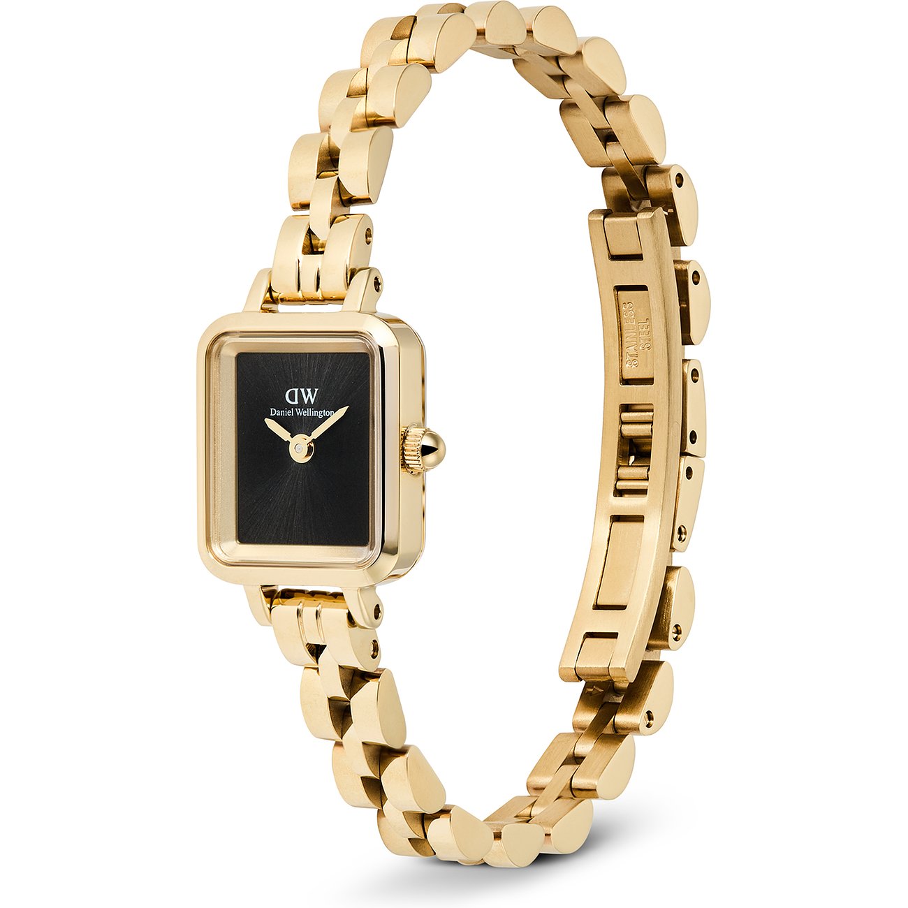 Eine rechteckige Daniel Wellington Damenuhr aus goldfarbigem Edelstahl mit schwarzem Zifferblatt.