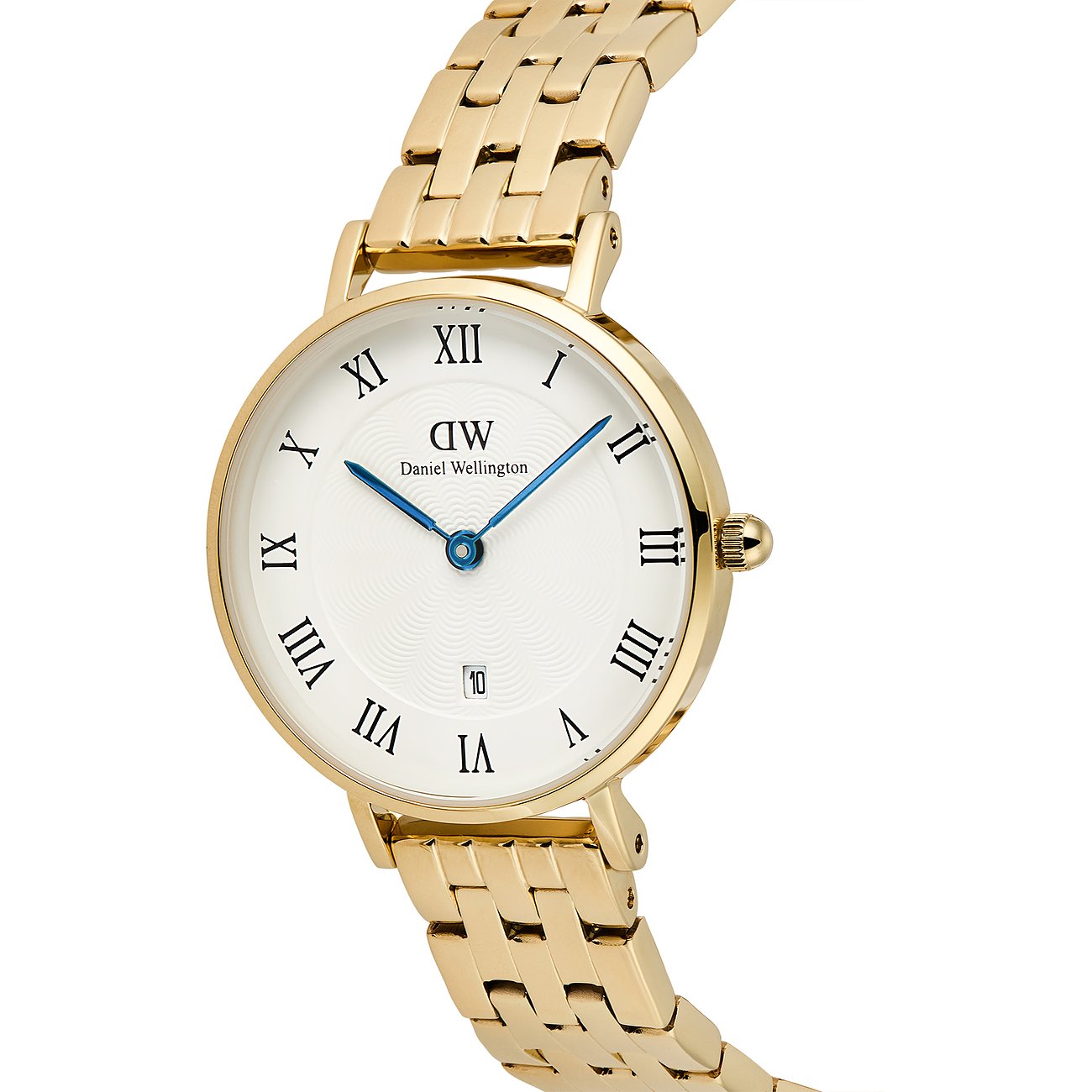Daniel Wellington Damenuhr aus goldfarbenem Edelstahl. Rundes weißes Zifferblatt mit römischen Ziffern und blauen Zeigern.