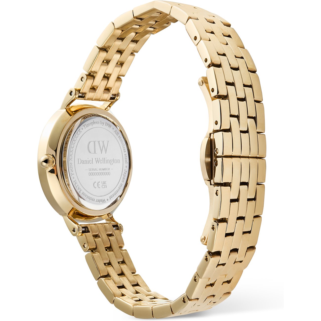 Rückansicht der Daniel Wellington Damenuhr aus goldfarbenem Edelstahl mit eingraviertem Markenlogo.