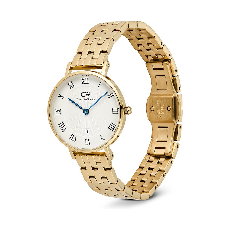 Goldene Daniel Wellington Damenuhr aus Edelstahl, schräg von vorne, mit weißem Zifferblatt und römischen Ziffern.