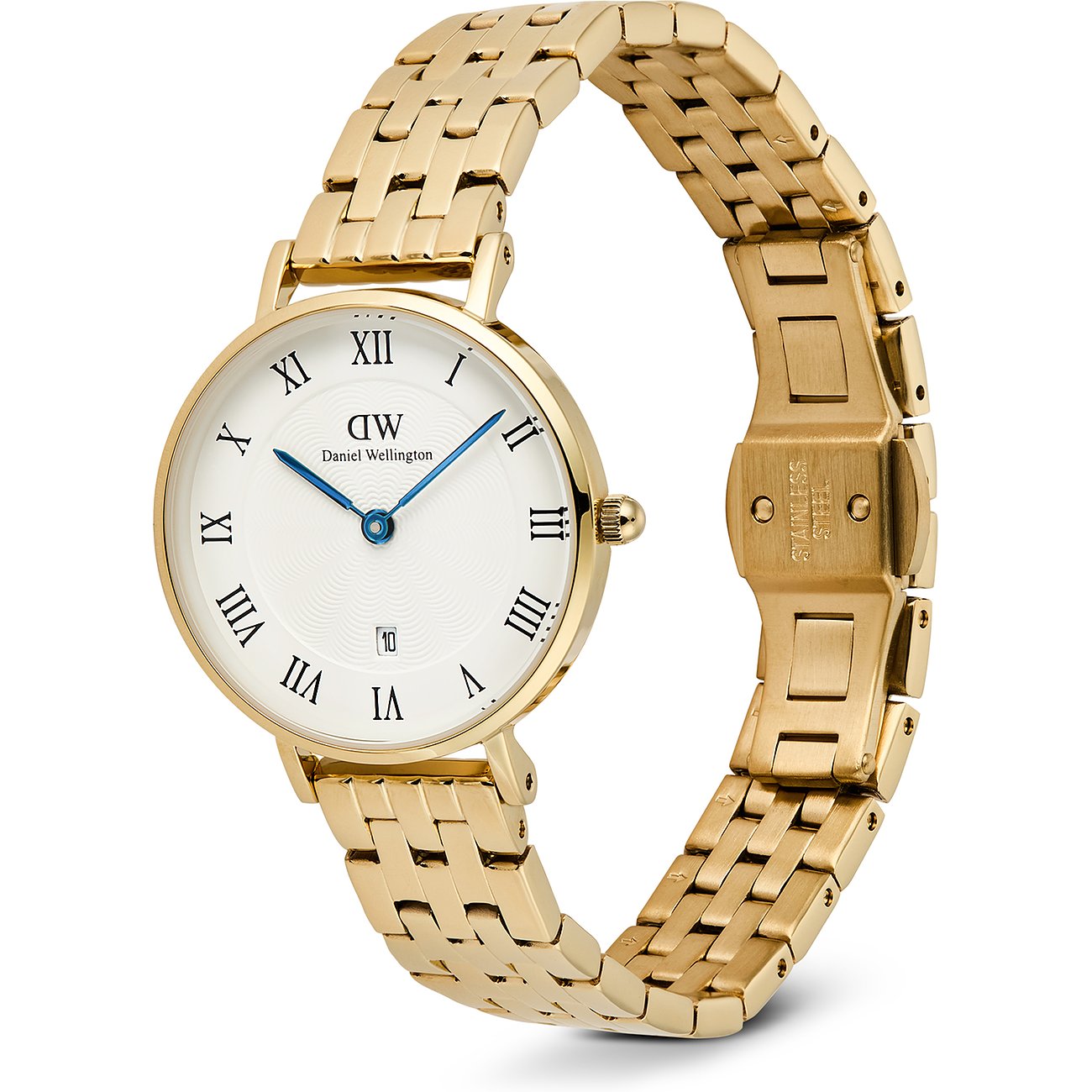 Goldene Daniel Wellington Damenuhr aus Edelstahl, schräg von vorne, mit weißem Zifferblatt und römischen Ziffern.