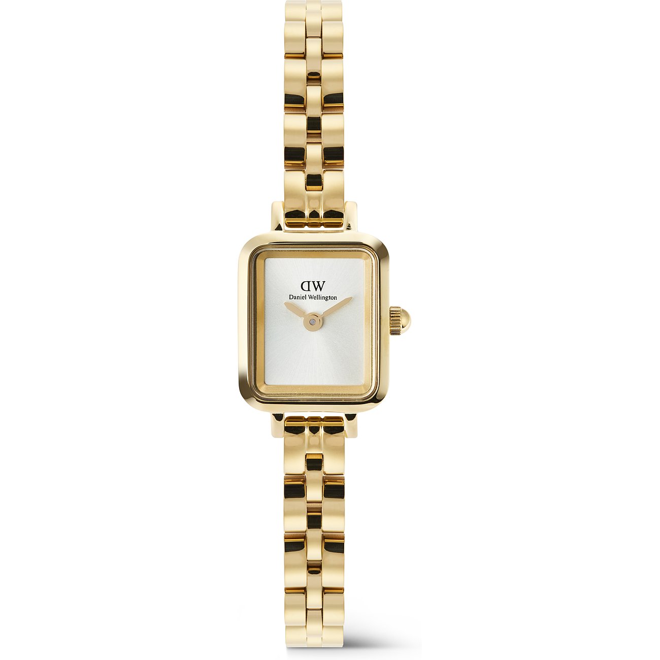 Die goldfarbene Damenuhr von Daniel Wellington aus Edelstahl zeigt ein rechteckiges Gehäuse und ein linkartiges Armband.