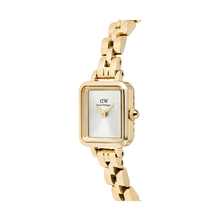 Daniel Wellington Damenuhr aus edelstahl in gold mit rechteckigem Gehäuse und minimalistischem Zifferblatt.