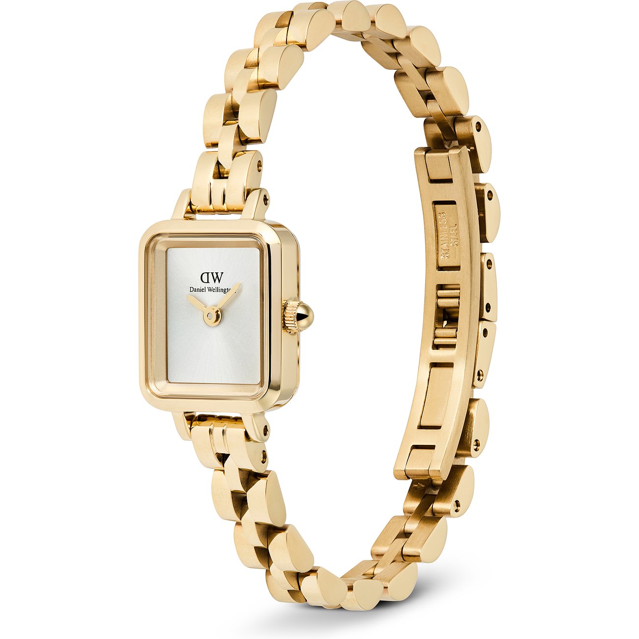 Die Daniel Wellington Damenuhr aus goldfarbenem Edelstahl mit eckigem Zifferblatt wird von oben links gezeigt.