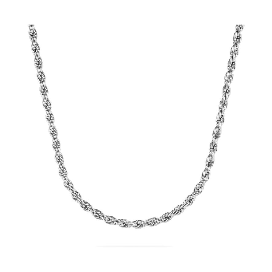 FAVS Halskette aus silberfarbenem Edelstahl. Die Kette hat ein gedrehtes Design und ist in einer U-Form arrangiert.