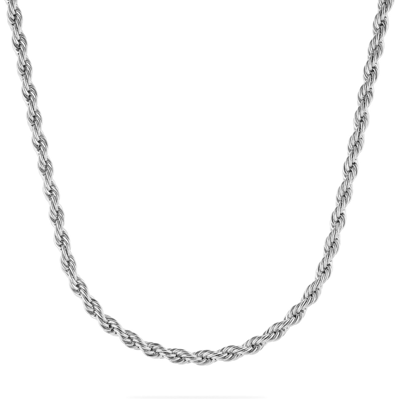 FAVS Halskette aus silberfarbenem Edelstahl. Die Kette hat ein gedrehtes Design und ist in einer U-Form arrangiert.