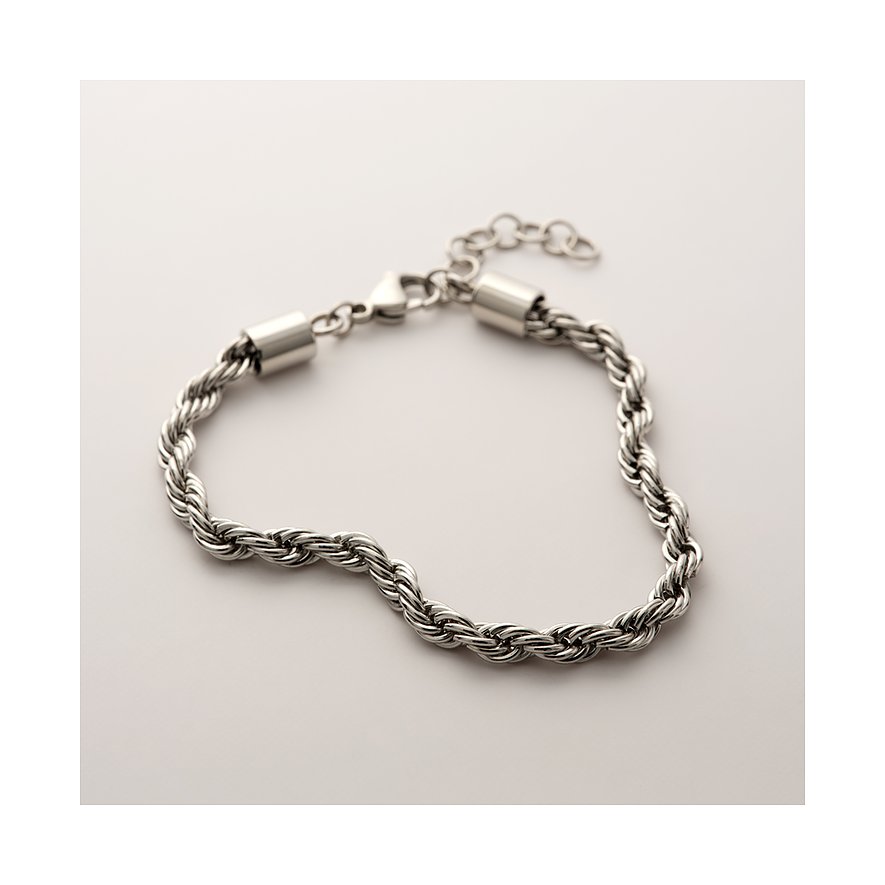 FAVS Edelstahl Armschmuck: Ein geflochtenes FAVS Armband aus glänzendem Edelstahl mit Karabinerverschluss.