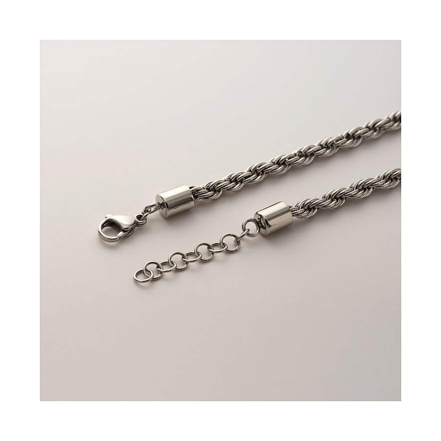 Ein FAVS Armschmuck aus gedrehtem Edelstahl mit Karabinerverschluss und Verlängerungskettchen.