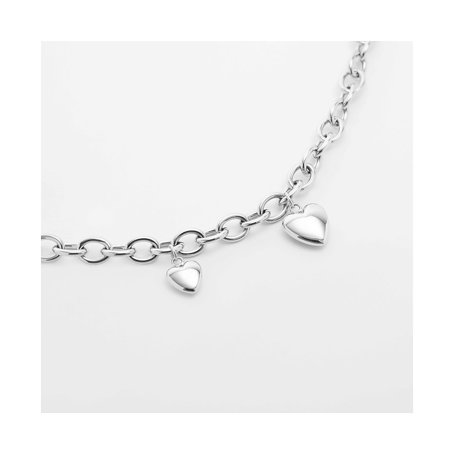 Guido Maria Kretschmer Halskette aus poliertem Edelstahl mit dicken Gliedern und zwei hängenden Herzanhängern.