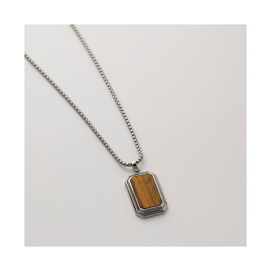 FAVS Halskette aus Edelstahl mit rechteckigem Tigerauge-Farbstein-Anhänger.