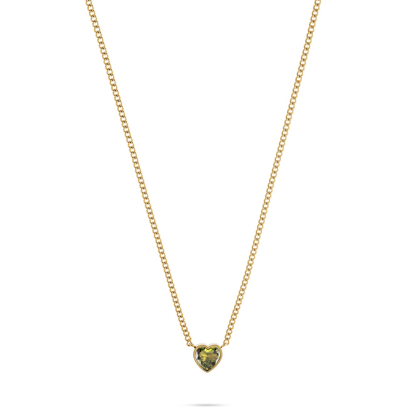Eine Halskette von Guido Maria Kretschmer aus goldfarbenem Edelstahl mit einem herzförmigen Farbedelstein aus Zirkonia.