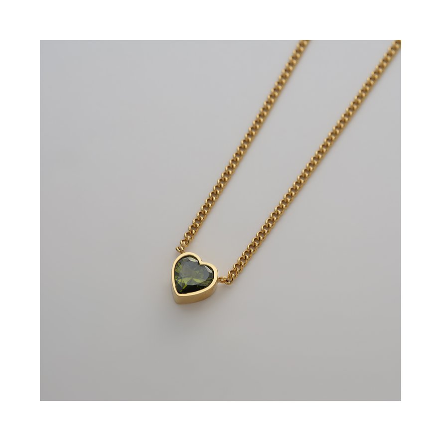 Guido Maria Kretschmer Halskette aus goldfarbenem Edelstahl mit herzförmigem, olivgrünem Zirkonia.