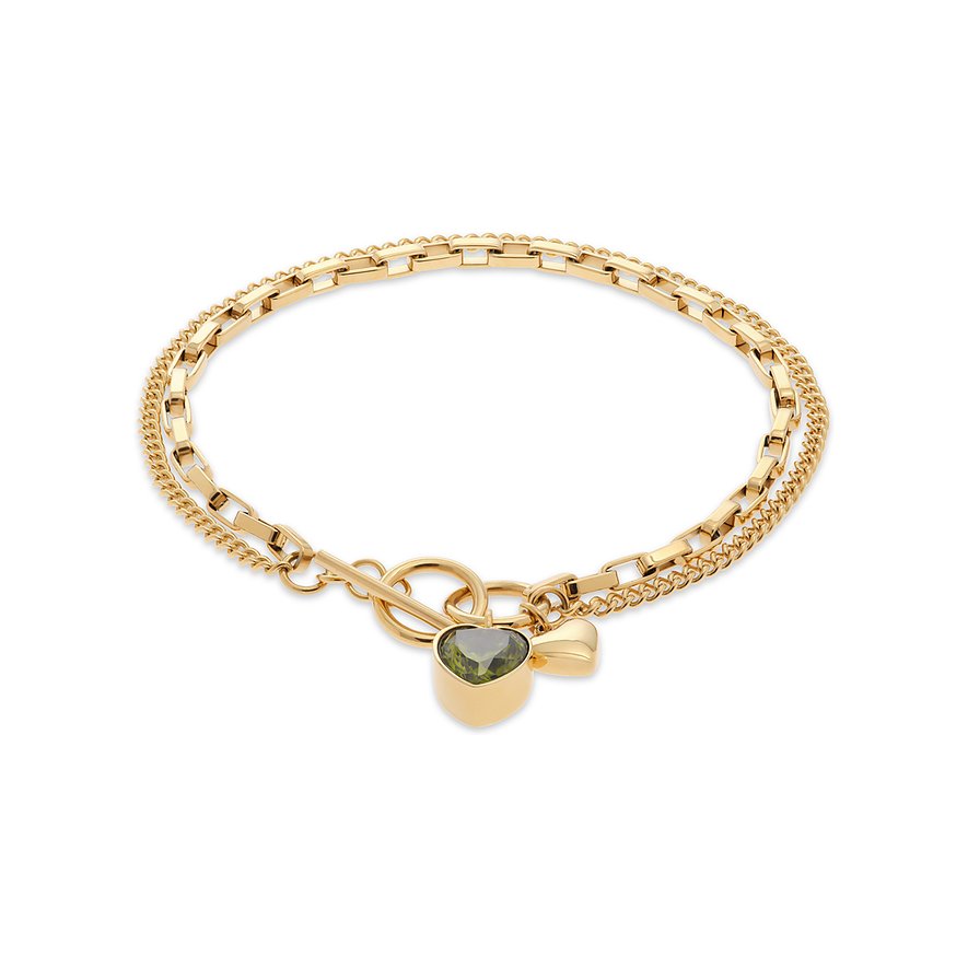 Guido Maria Kretschmer Armband aus goldfarbenem Edelstahl mit zwei Ketten und einem herzförmigen Zirkonia in Grün.