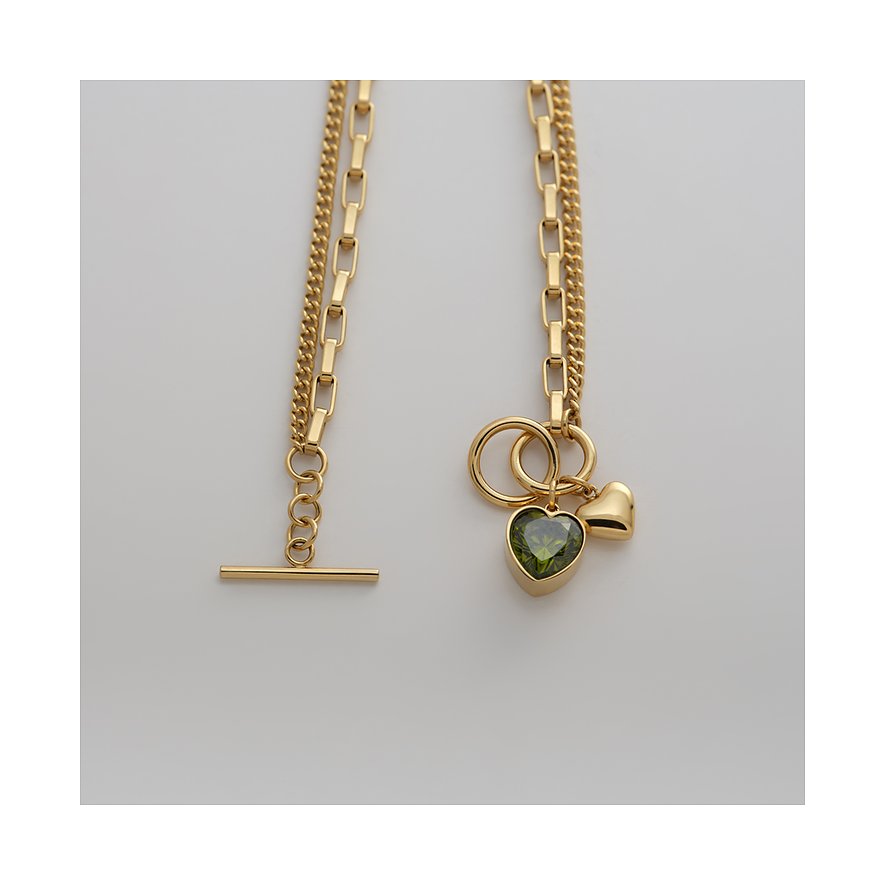 Guido Maria Kretschmer Armband, goldfarbener Edelstahl, zwei Ketten, Herz-Anhänger mit grünem Zirkonia-Farbstein.