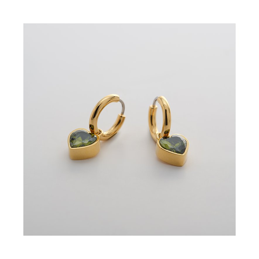 Guido Maria Kretschmer Ohrringe: goldfarbener Edelstahl, herzförmiger Zirkonia-Farbsteinanhänger.