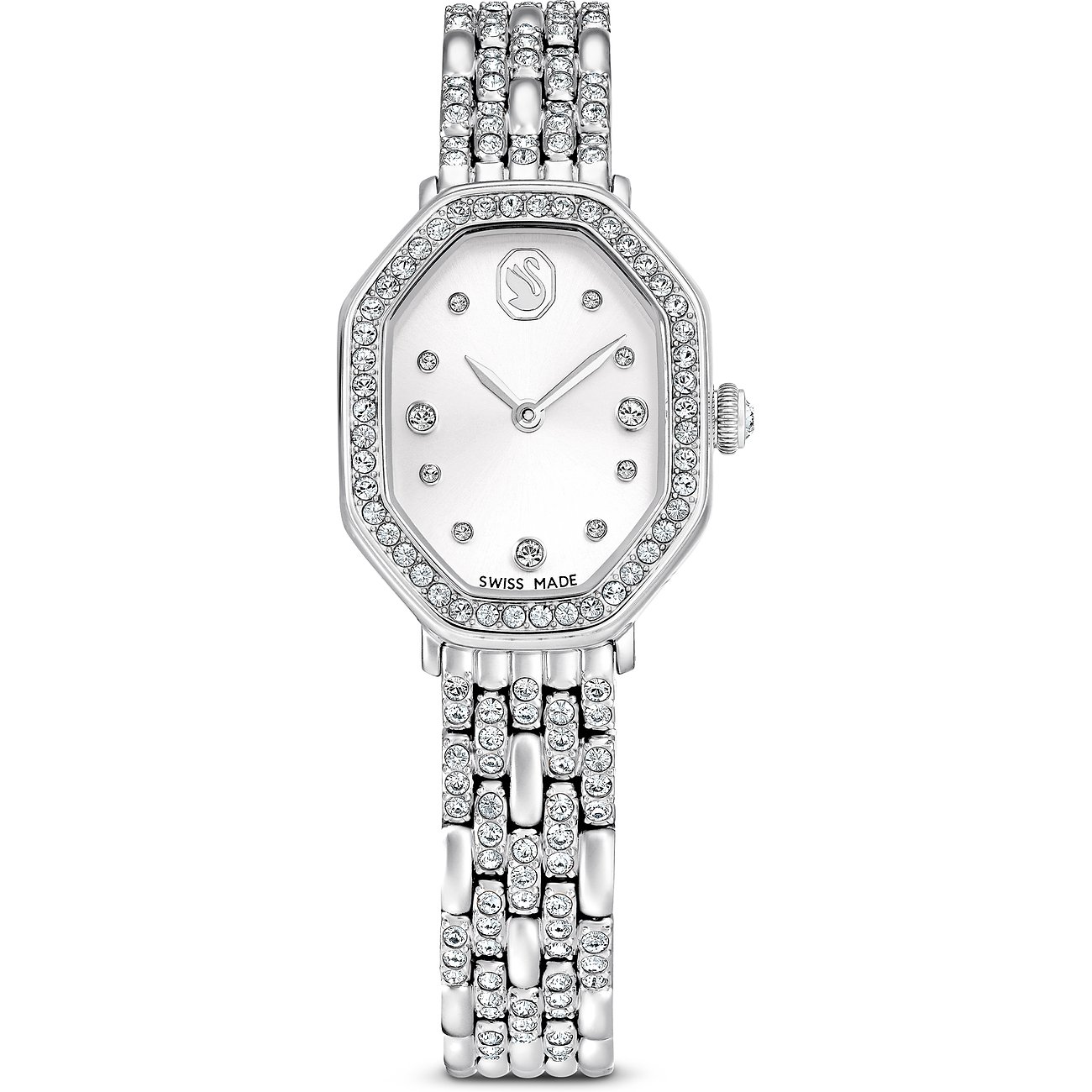 Swarovski unisex horloge met zilverkleurige metalen band en kast, bezet met Swarovski-kristallen.