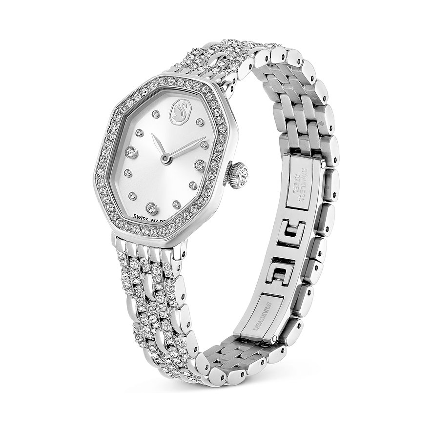Swarovski unisexhorloge van zilverkleurig metaal en Swarovski-kristallen van bovenaf, glinsterende wijzerplaat.