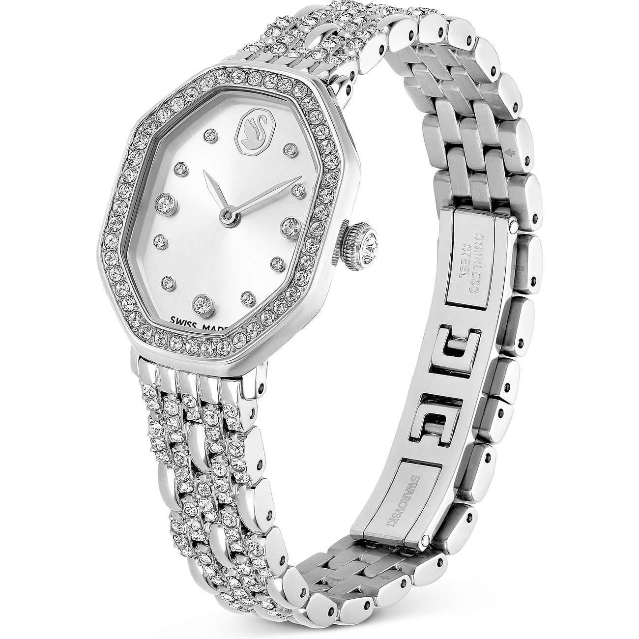 Swarovski unisexhorloge van zilverkleurig metaal en Swarovski-kristallen van bovenaf, glinsterende wijzerplaat.