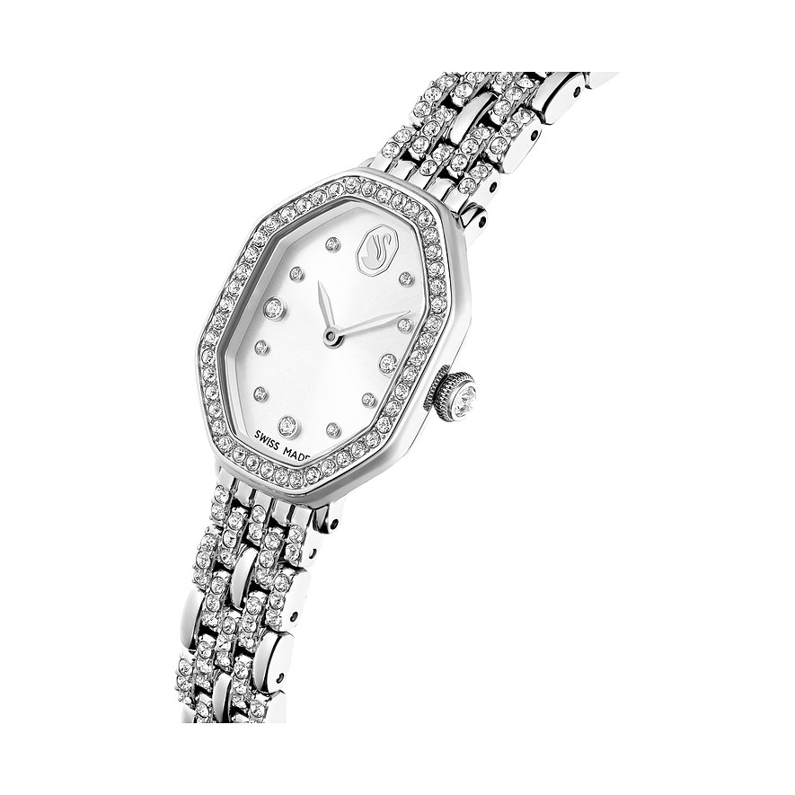 Swarovski unisex horloge van zilverkleurig metaal met achthoekig uurwerk en band, bezet met kristallen.