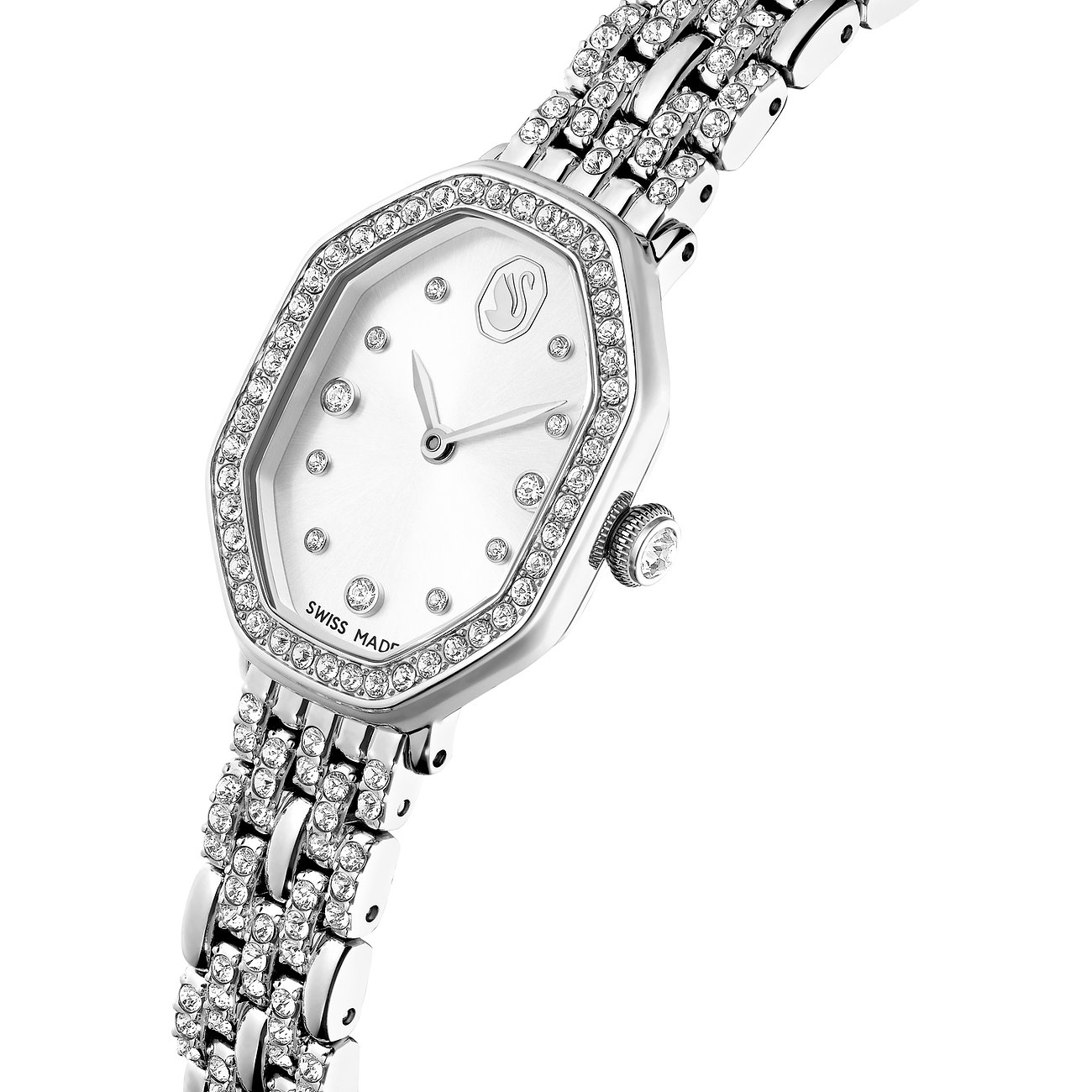 Swarovski unisex horloge van zilverkleurig metaal met achthoekig uurwerk en band, bezet met kristallen.