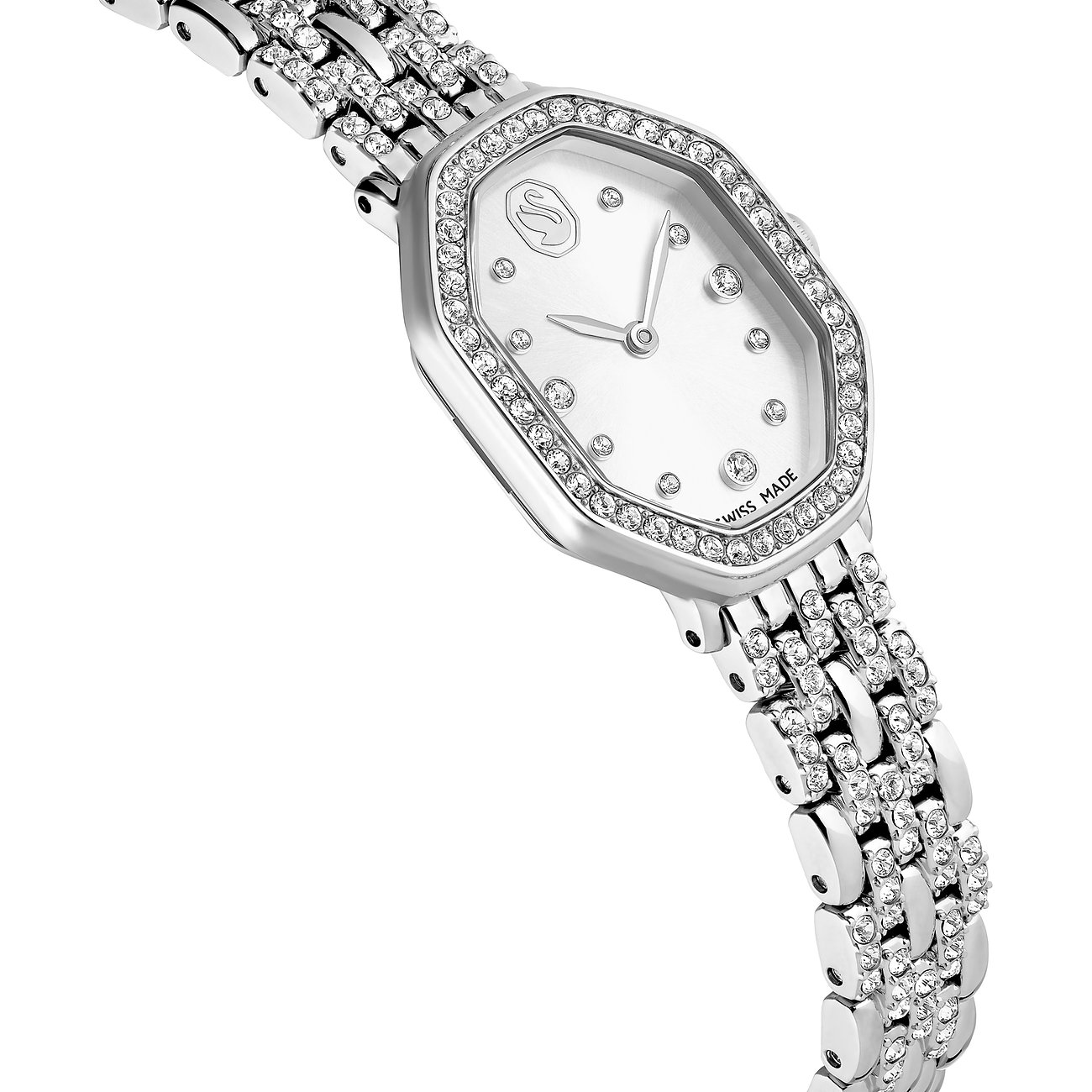 Close-up van een luxueus metalen Swarovski dameshorloge, bezet met vele fonkelende Swarovski-kristallen.