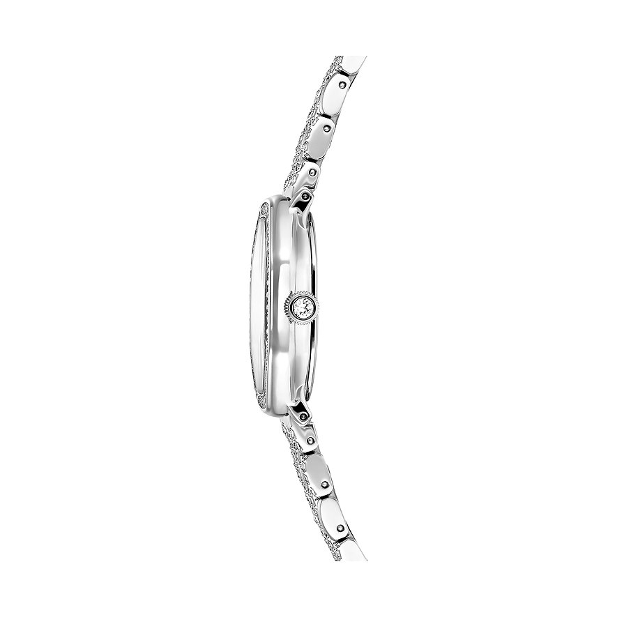 Zijaanzicht van een glanzend Swarovski metalen unisex horloge met smalle, kristalbezette band en wijzerplaat.
