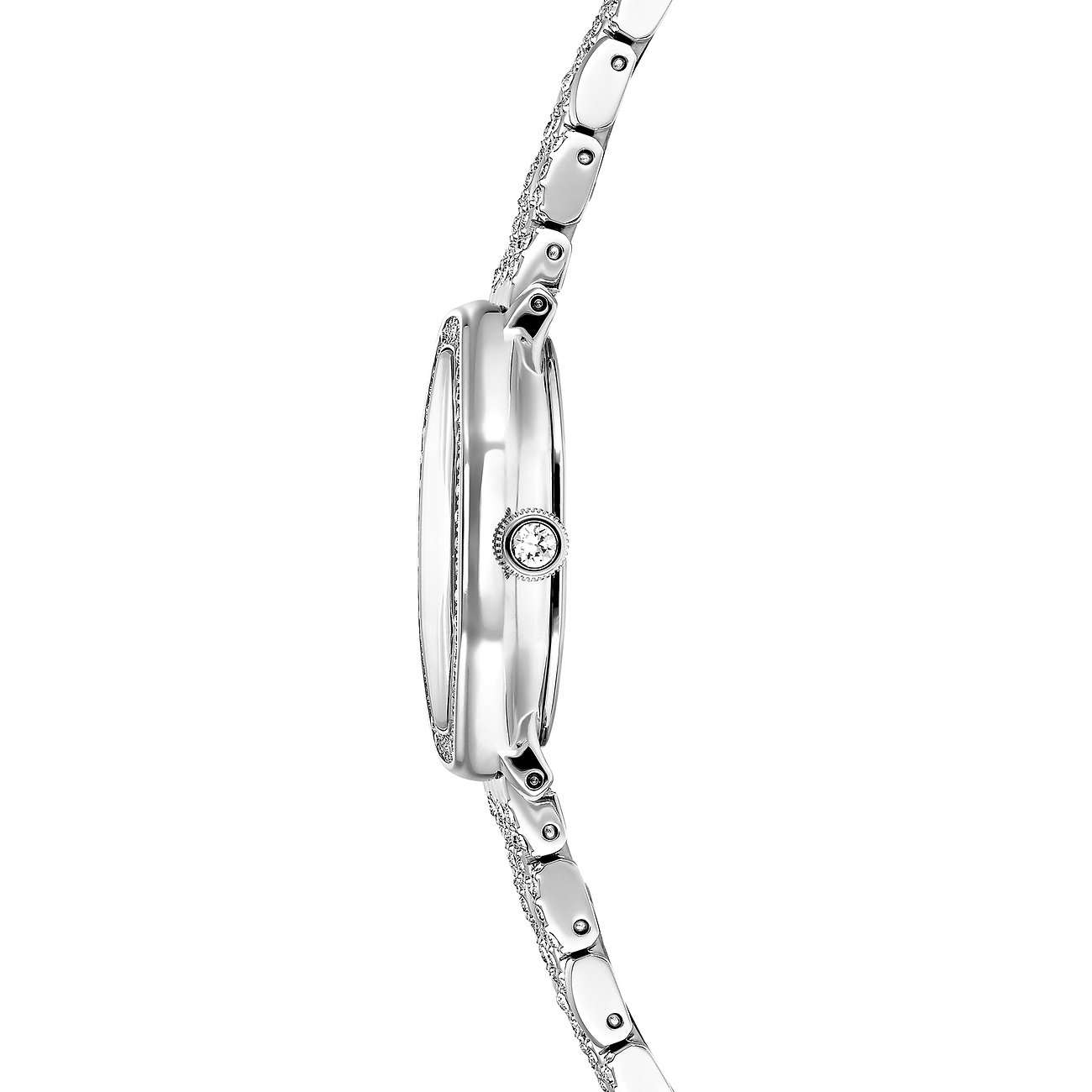 Zijaanzicht van een glanzend Swarovski metalen unisex horloge met smalle, kristalbezette band en wijzerplaat.
