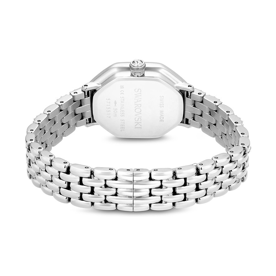 Achterkant van zilverkleurig metalen Swarovski unisex horloge met gegraveerd logo en details op de kast.