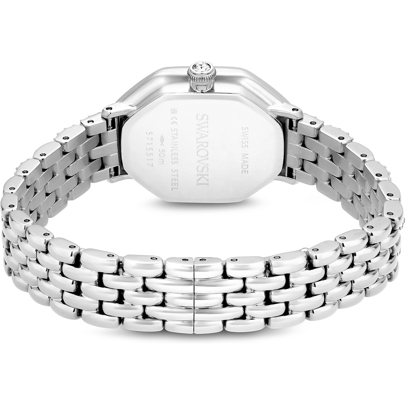 Achterkant van zilverkleurig metalen Swarovski unisex horloge met gegraveerd logo en details op de kast.
