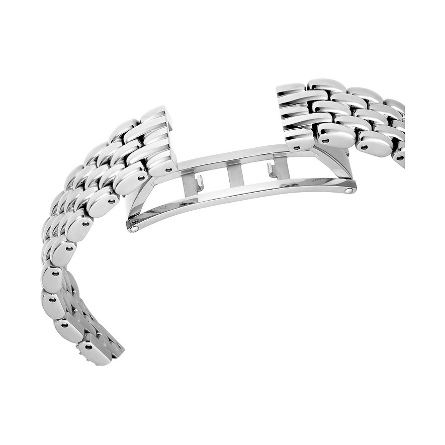 Een open, glanzende, zilverkleurige metalen armband voor een Swarovski unisex horloge