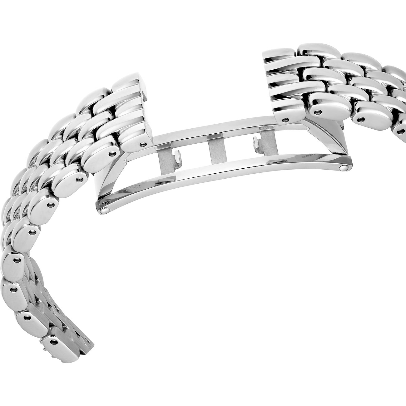 Een open, glanzende, zilverkleurige metalen armband voor een Swarovski unisex horloge
