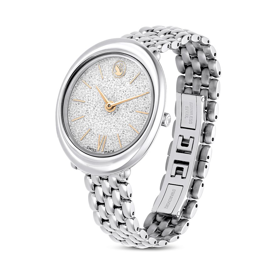Swarovski Unisexuhr aus silberfarbenem Metall mit ovalem Gehäuse und Zifferblatt aus glitzernden Swarovski-Kristallen.
