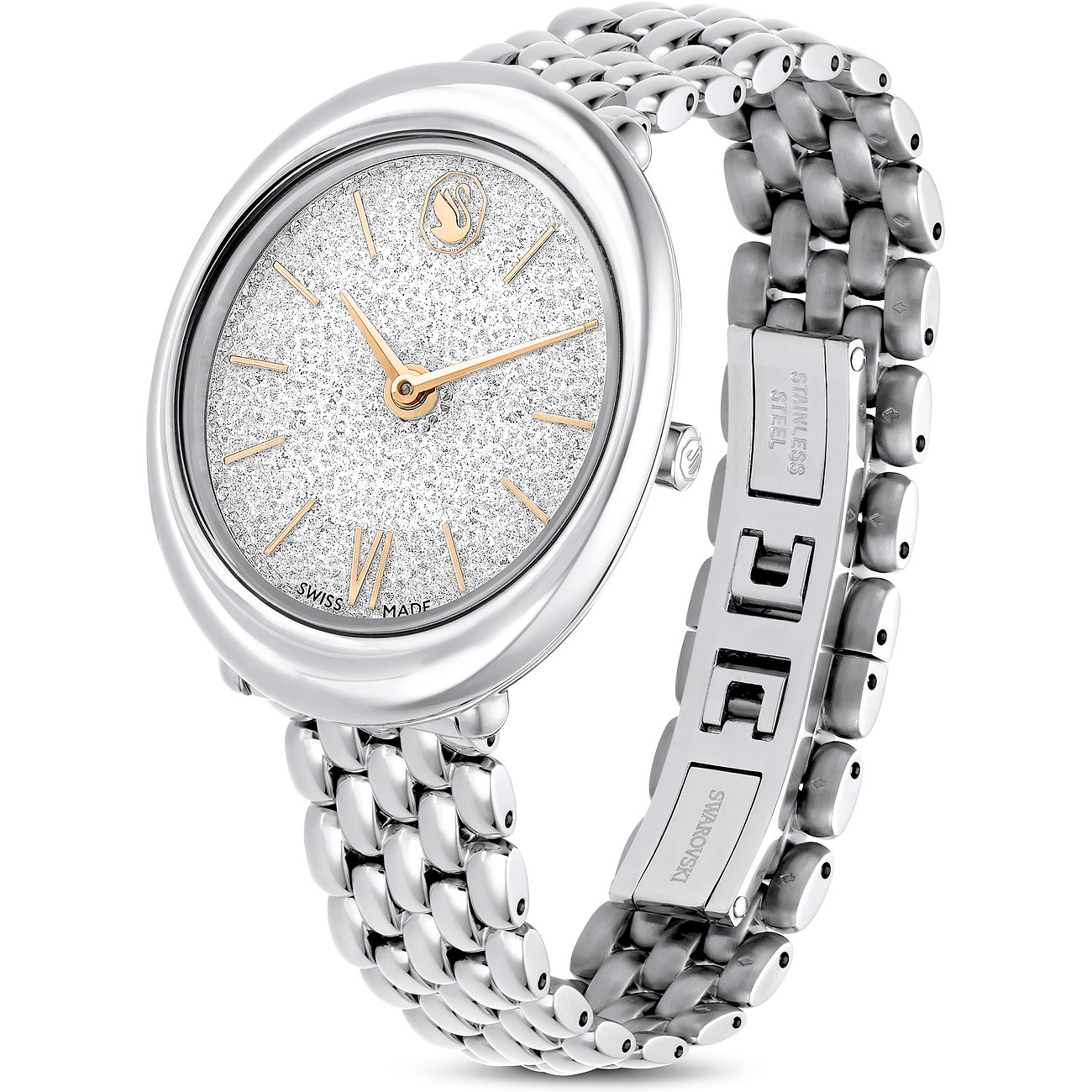 Swarovski Unisexuhr aus silberfarbenem Metall mit ovalem Gehäuse und Zifferblatt aus glitzernden Swarovski-Kristallen.