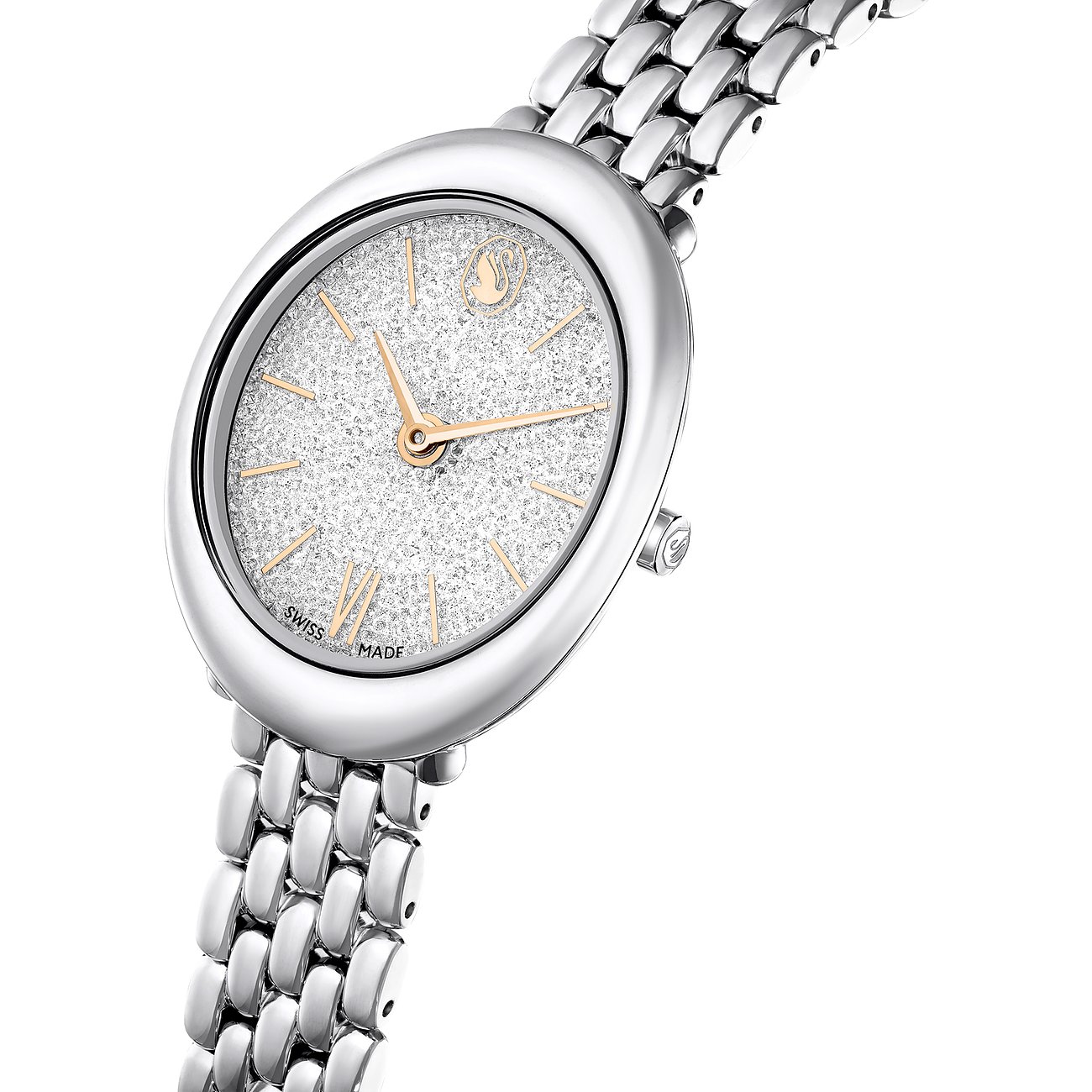 Nahaufnahme einer ovalen Swarovski Damenuhr aus Metall, das Zifferblatt mit funkelnden Swarovski-Kristallen besetzt.