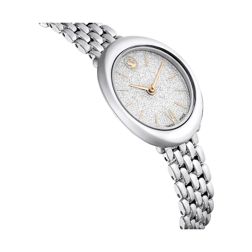 Nahaufnahme einer Swarovski Unisex-Armbanduhr aus Metall mit ovalem Zifferblatt und glitzernden Swarovski-Kristallen.