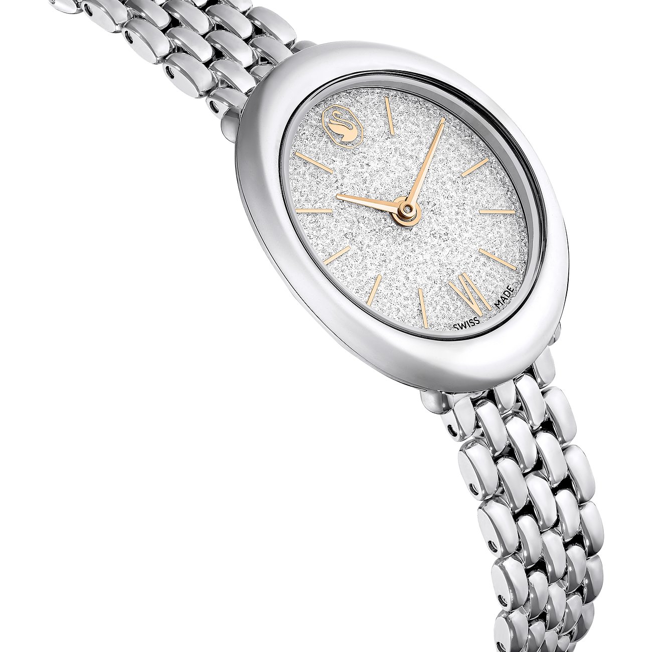 Nahaufnahme einer Swarovski Unisex-Armbanduhr aus Metall mit ovalem Zifferblatt und glitzernden Swarovski-Kristallen.