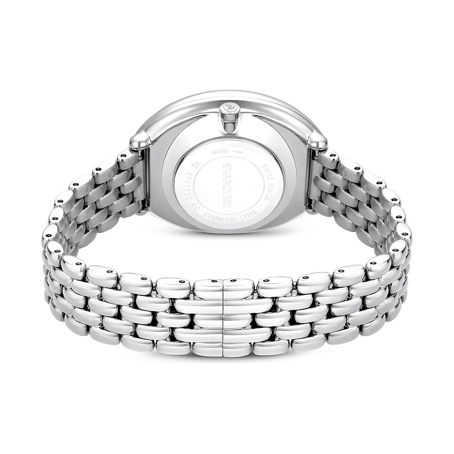 Rückseite einer glänzenden Swarovski Unisexuhr aus silberfarbenem Metall mit feingliedrigem Armband u. graviertem Gehäuseboden